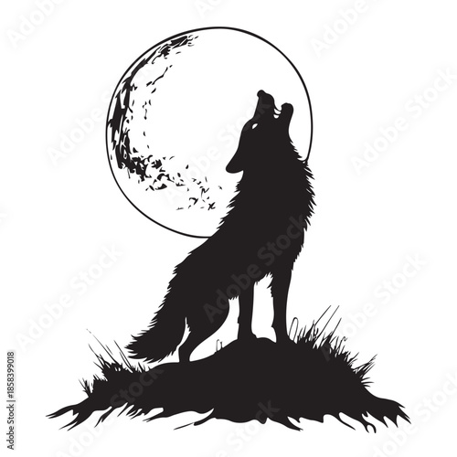 A black silhouette vector illustration of a wild predator wolf howling at the moon isolated on a white background