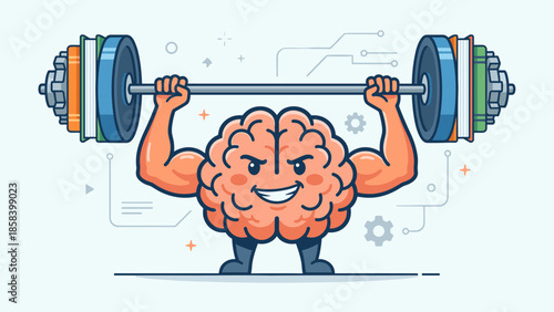 Strong brain character lifting barbell. Mental strength concept. Muscular mind mascot working out. Intelligence training. Smart fitness. Education power. Cognitive development