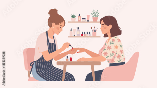 Manicure service in beauty salon. Professional manicurist applying red nail polish to client fingernails. Flat vector illustration. Women spa procedure. Nail care and hygiene concept.