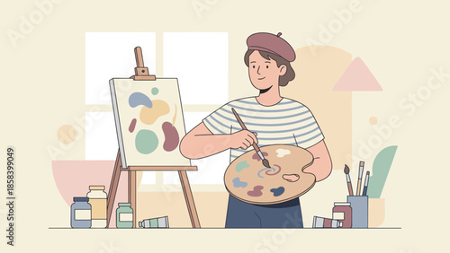 Artist mixing colors palette. Painting creativity concept. Flat vector illustration. Female painter brush easel. Art studio workspace. Creative hobby. Girl beret. Canvas stand.