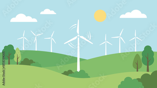 Wind turbines spinning on green hills. Renewable energy concept. Flat vector illustration. Sustainable electricity farm. Eco friendly power. Nature landscape blue sky sun. Ecology.