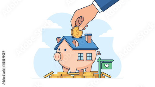 Hand putting gold dollar coin into cute house shaped piggy bank. Saving money for buying real estate property. Home loan mortgage investment. Financial budget planning. Flat vector.