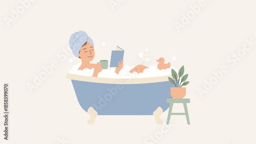 Woman relaxing bubble bath. Reading book drinking coffee. Self-care concept. Spa wellness home. Flat vector illustration. Comfort leisure. Bathtub rubber duck. Mental health.