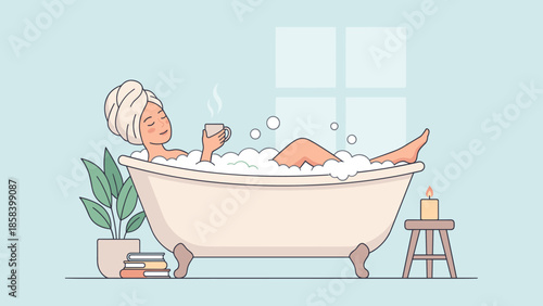 Woman relaxing in bubble bath. Self care and hygiene concept. Flat vector illustration. Female in bathtub. Spa at home. Wellness routine. Mental health. Comfort. Serenity. Stress relief.