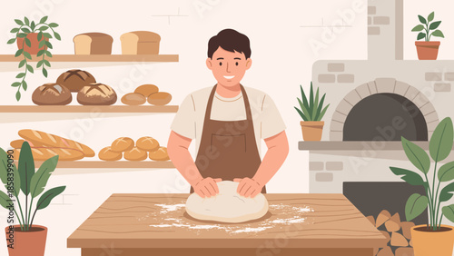 Male baker kneading dough on table. Bakery with oven and bread shelves. Artisan food concept. Flat vector illustration. Culinary professional. Homemade cooking. Bread making.