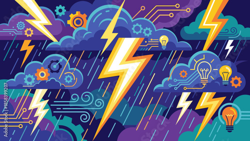 Stylized thunderstorm background. Lightning bolts. Electric weather. Flat vector illustration. Abstract storm sky. High voltage power energy concept. Dangerous climate tempest.
