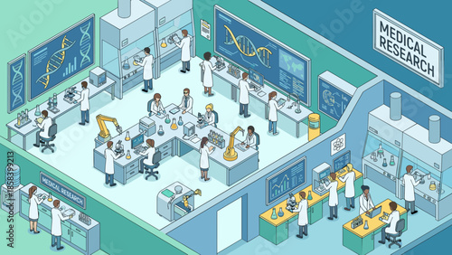 Isometric medical research laboratory. Scientists in science lab. Biotechnology, pharmaceutical, chemistry experiment. DNA analysis. Innovation. Healthcare technology. Vector