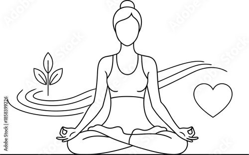 Woman practicing yoga in lotus pose with heart and plant icons minimalist black and white line art vector design for wellness.