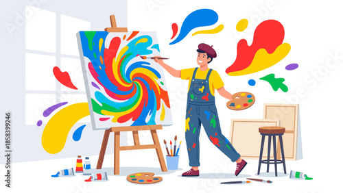 Creative artist painting abstract colorful artwork on canvas. Happy painter holding palette and brush in art studio. Imagination and hobby concept. Flat vector illustration design.