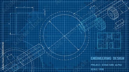 Abstract blueprint background. Technical engineering design. Architectural construction draft. Industrial mechanical schematic. Blue grid layout. Future technology. Vector illustration.
