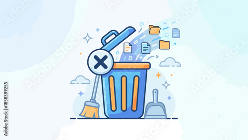 Stylized trash can with delete icon. Deleting data cleaning up concept. Flat vector illustration. Digital waste removal. File management. Recycle bin. Erase info. Clear memory.
