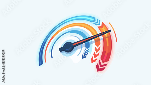 Stylized speedometer gauge reaching max speed. High performance acceleration concept. Colorful flat vector illustration. Power motion energy. Fast internet test. Turbo engine rpm.