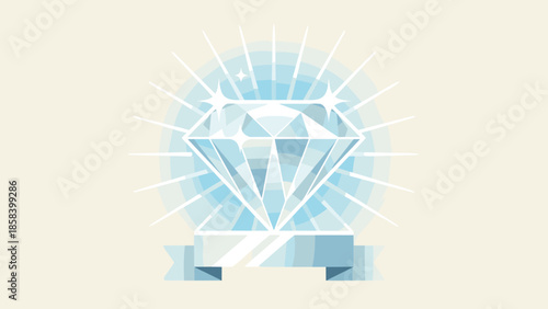 Shining diamond vector illustration with blank ribbon banner. Premium quality luxury gemstone concept. Brilliant crystal jewel icon. Wealth and expensive value symbol. Sparkling gem.