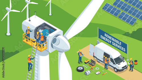 Isometric wind turbine maintenance team repairing generator. Renewable energy technicians on windmill. Green power industry concept. Sustainable electricity engineering job vector.