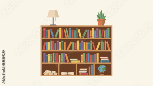 Library wooden bookshelf with colorful books knowledge archive. Flat vector illustration education school study. Shelf with globe and plant. Literature reading. Academic research