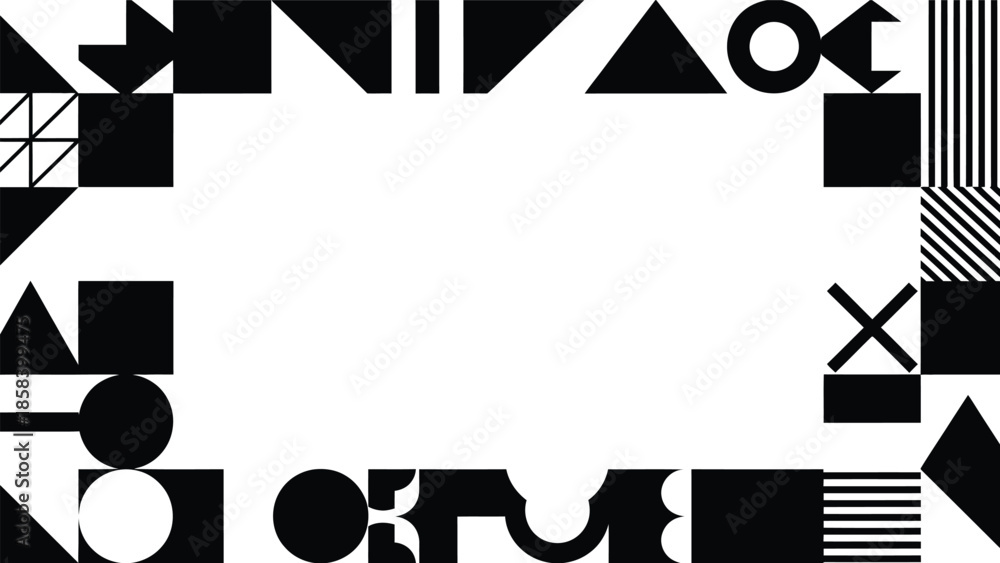 Obraz premium Minimalist black and white geometric border frame with abstract shapes circles and triangles for creative copy space design.