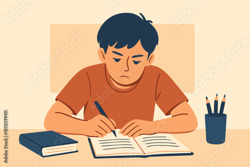 Student Writing Homework at Desk Flat Education Vector Illustration