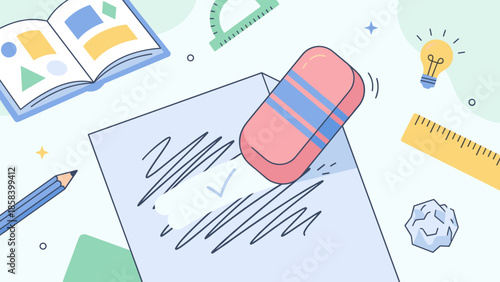 Pink eraser rubbing out pencil scribble. Concept of correction, fixing mistakes. School education stationery. Cleaning up error. Undo mess. Rubber tool. Flat vector illustration.