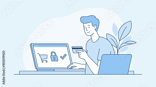 Secure online payment concept. Man holding credit card using laptop. Internet shopping e-commerce. Digital banking. Safe money transfer. Cyber security lock. Flat vector illustration