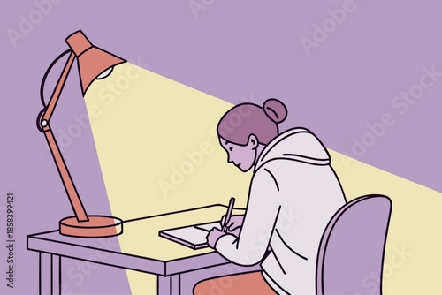 Student Writing Notes Under Desk Lamp Flat Education Vector Illustration