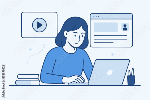 Online Learning Student Using Laptop Flat Education Vector Illustration