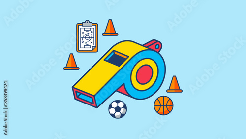 Sports coaching concept. Referee whistle, balls, cones. Flat vector illustration of trainer equipment. Game rules symbol. Team competition authority sign. Athletic sport gear element.