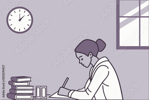 Student Writing Notes Under Clock Flat Line Education Vector Illustration