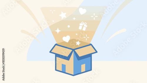 Magic open cardboard box with shining light stars and sparkles. Unboxing surprise gift concept. Happy birthday present delivery. Mystery package. Holiday celebration. Flat vector design.