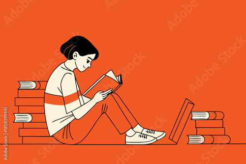 Student Studying with Laptop and Books Flat Education Vector Illustration