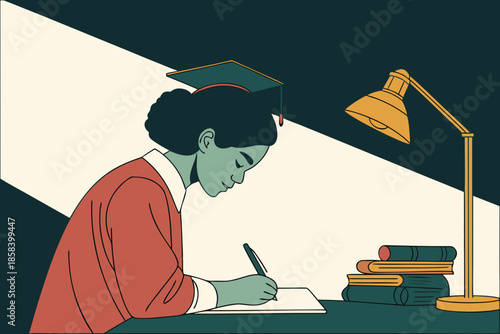 Student Studying Late Under Desk Lamp Flat Vector Illustration