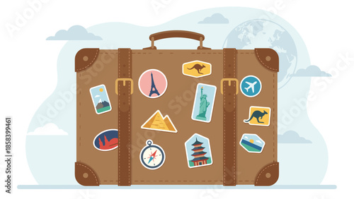 Large brown suitcase with travel stickers. World tour tourism concept. Luggage bag baggage for vacation trip. Holiday journey adventure. Global destinations. Flat vector illustration.