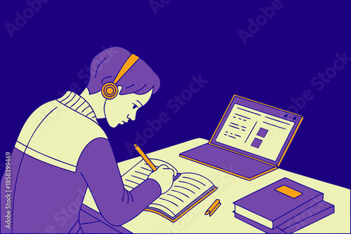 Student Studying with Laptop and Books Flat Education Vector Illustration