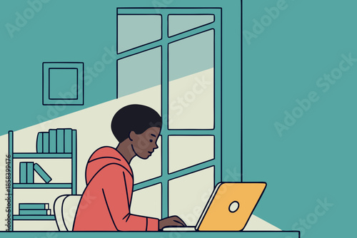 Student Studying with Laptop in Room Flat Education Vector Illustration