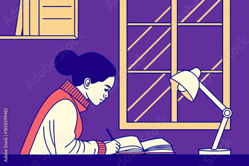 Student Studying at Desk Near Window Flat Vector Illustration