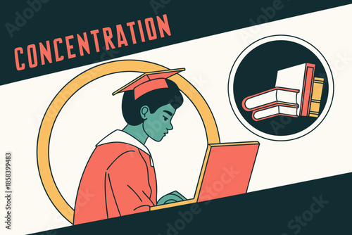 Student Concentrating on Studying Flat Education Vector Illustration
