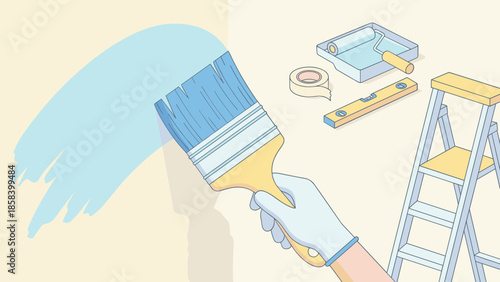 Gloved hand painting wall blue. Home renovation DIY. Background tools ladder roller tape level. Flat vector illustration. House remodeling improvement. Interior design