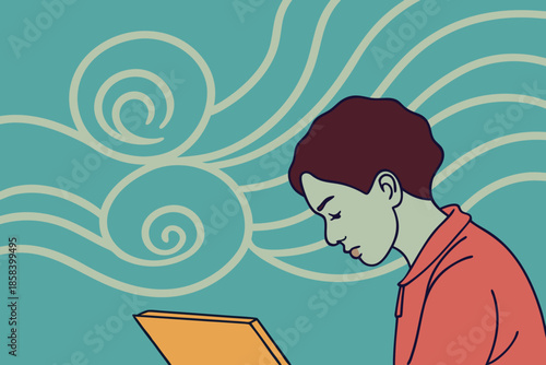 Thoughtful Student Studying in Calm Abstract Environment Flat Vector Illustration