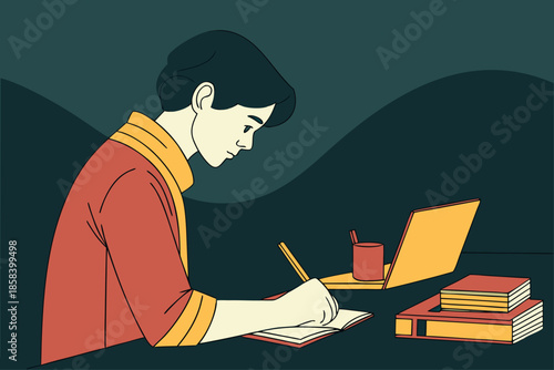 Student Studying Late at Night with Books Flat Education Vector Illustration