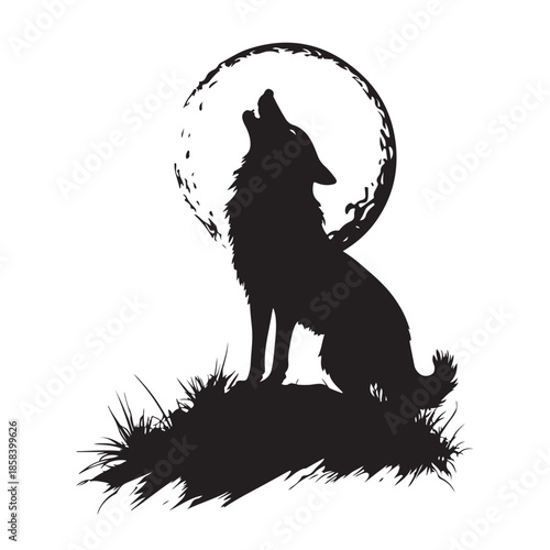 A black silhouette vector illustration of a wild predator wolf howling at the moon isolated on a white background