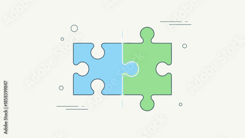 Two jigsaw puzzle pieces connecting. Business teamwork and partnership concept. Solution and compatibility metaphor. Strategy, cooperation and unity. Flat vector illustration design