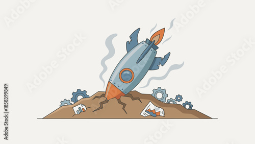 Startup failure concept. Rocket crashing into ground. Business disaster. Unsuccessful project launch. Broken gears. Bankruptcy. Flat vector illustration. Metaphor. Economic crisis.