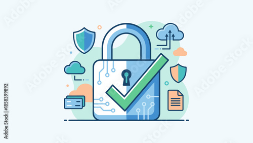 Stylized padlock with checkmark. Verified security concept. Cyber safety data protection. Flat vector illustration. Technology shield cloud. Secure internet privacy symbol.