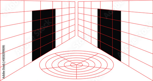 A three-dimensional perspective view utilizing red grid lines against a white background.