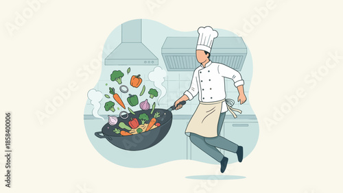 Professional chef tossing fresh vegetables in wok. Cooking in restaurant kitchen. Culinary concept. Healthy food preparation. Man in uniform making stir-fry. Vector illustration.