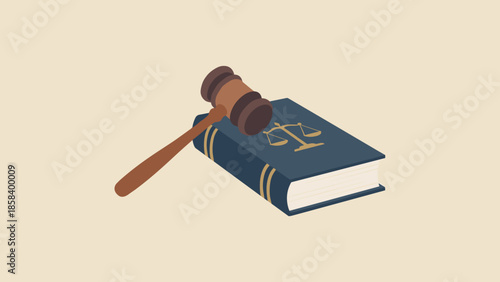 Judge gavel resting on law book. Legal system, justice concept. Court hammer, code. Verdict, authority, jurisprudence. Attorney, lawyer, trial. Flat vector illustration