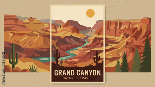Grand Canyon landscape vector. Arizona desert travel background. National Park tourism. Retro poster style. Colorado River scenery. Wild west mountains. Stylized flat illustration.