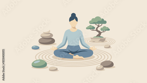 Woman meditating in lotus pose. Zen garden with bonsai tree. Mindfulness and mental health concept. Inner peace, tranquility, yoga, relaxation, spiritual balance. Flat vector.