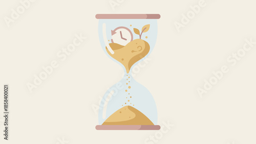 Hourglass sand flowing upwards. Reversing time concept. Anti aging metaphor. Turn back clock to youth. Restart and undo. Gravity defiance. Magic countdown. Flat vector illustration.