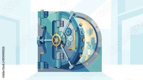 Heavy bank vault door half open. Financial security concept. Gold coins cash stacks inside safe. Banking protection mechanism. Wealth storage. Business investment. Flat vector illustration