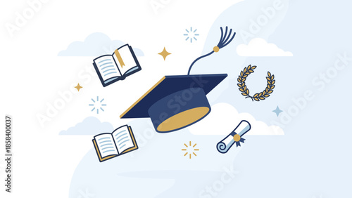 Graduation cap thrown in air, diploma, books. Academic success vector illustration. University education concept. College degree celebration. Student mortarboard. School. Learning